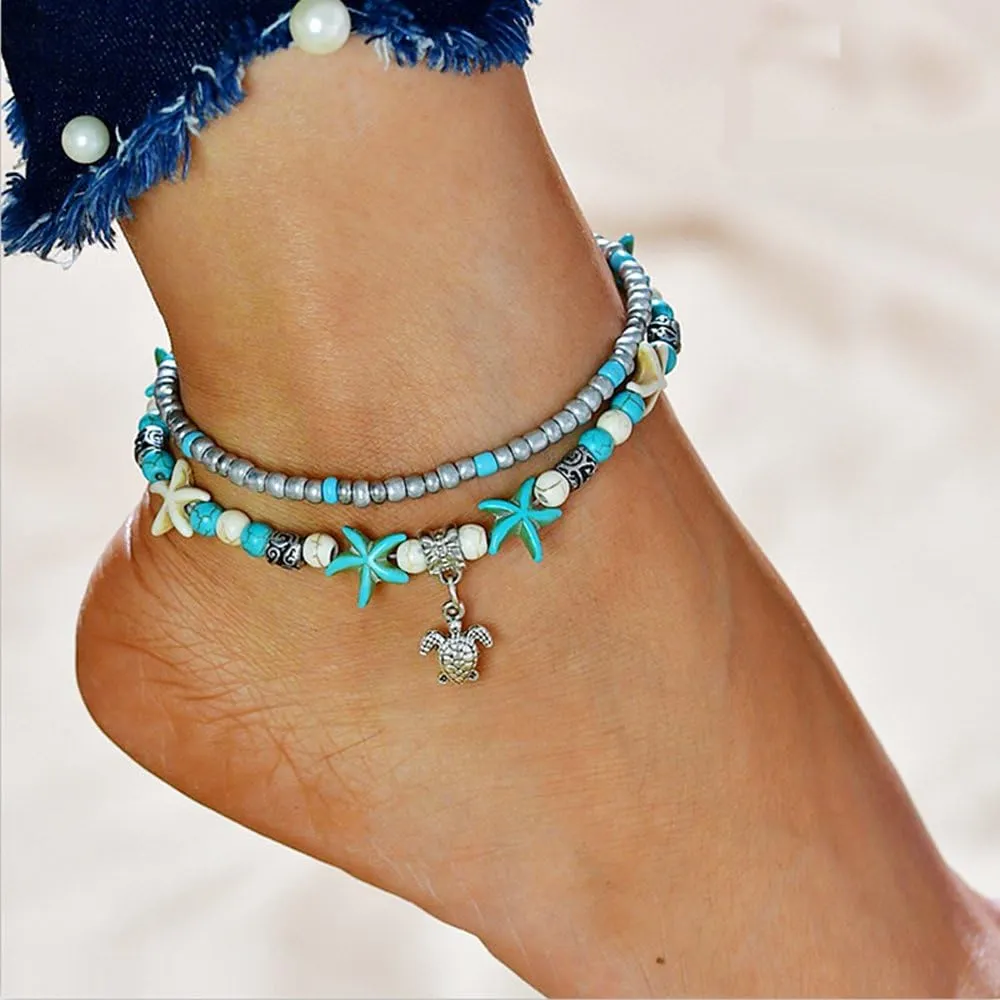 Blue Starfish Turtle Anklet for Women Multilayer Charm Beads Sea Handmade Boho Anklet Foot Jewelry
