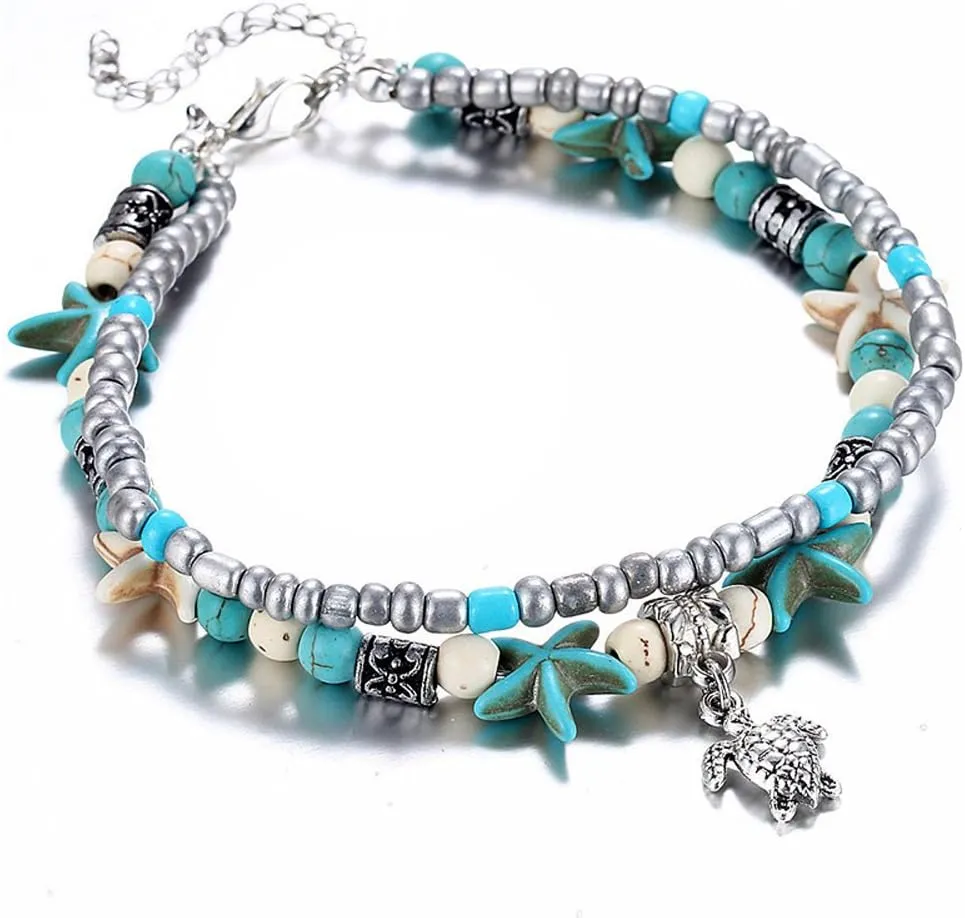Blue Starfish Turtle Anklet for Women Multilayer Charm Beads Sea Handmade Boho Anklet Foot Jewelry