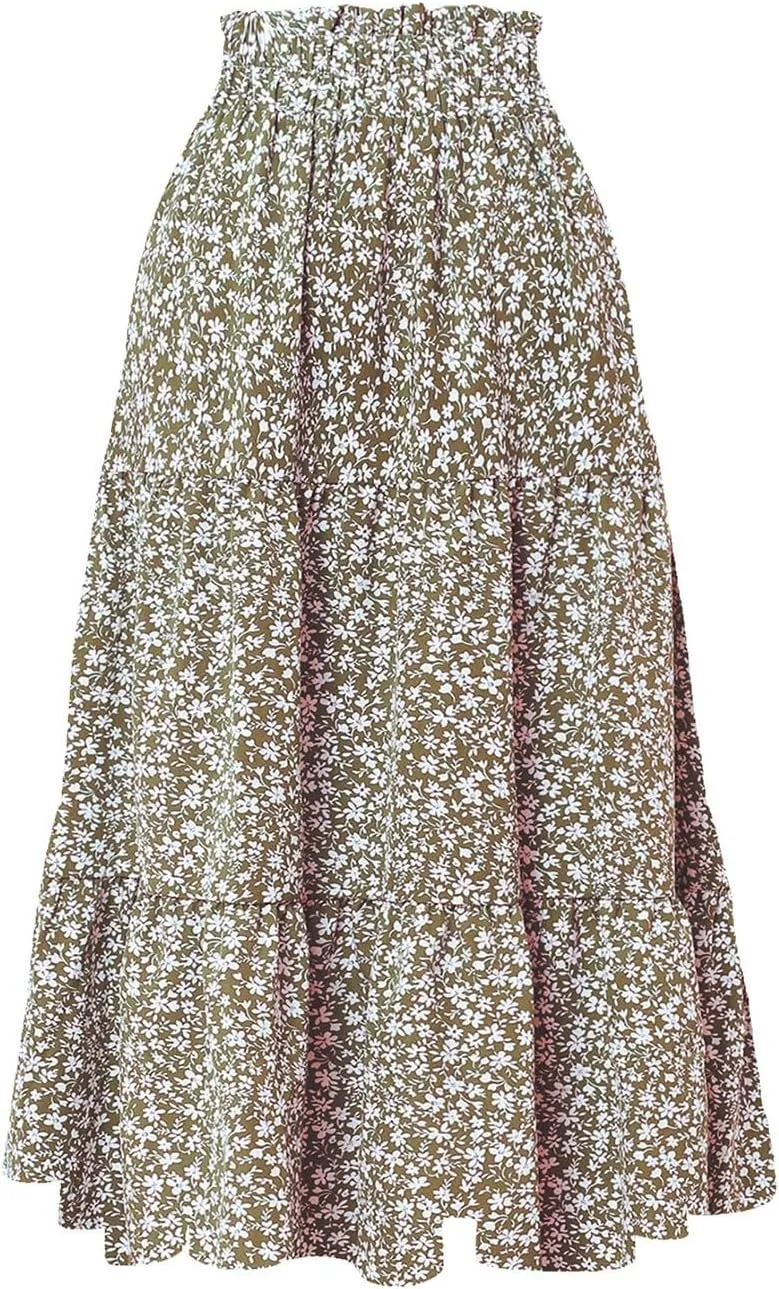 Boho Skirts for Women Elastic High Waist Pleated Ruffle Long Beach Skirt Cute Vacation Holiday Skirts