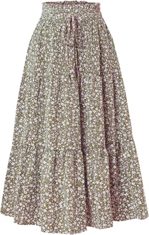 Boho Skirts for Women Elastic High Waist Pleated Ruffle Long Beach Skirt Cute Vacation Holiday Skirts
