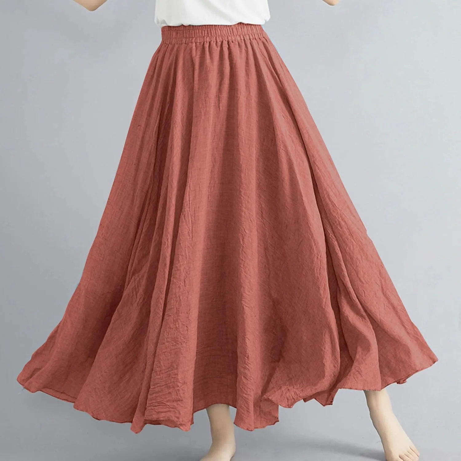 Boho Skirts for Women Pleated A-Line Flowy Swing Maxi Skirts Comfy Linen Long Skirt Casual Elastic Waist Skirt