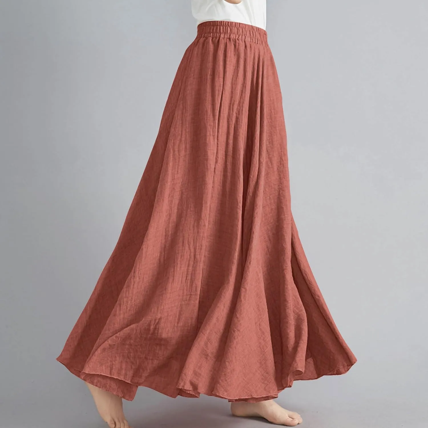 Boho Skirts for Women Pleated A-Line Flowy Swing Maxi Skirts Comfy Linen Long Skirt Casual Elastic Waist Skirt