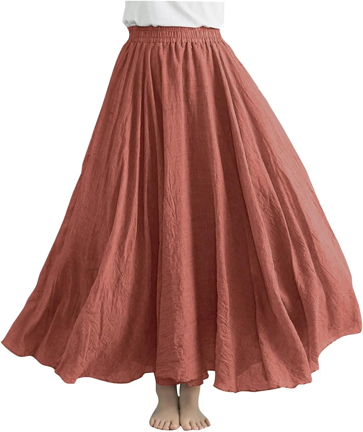 Boho Skirts for Women Pleated A-Line Flowy Swing Maxi Skirts Comfy Linen Long Skirt Casual Elastic Waist Skirt