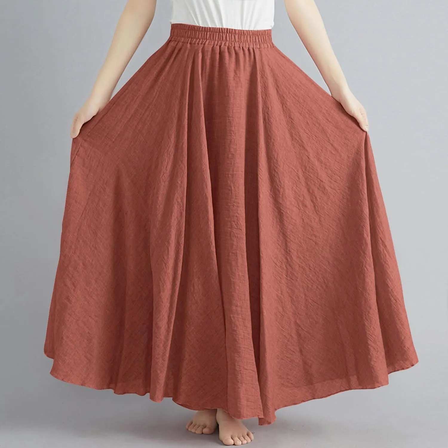 Boho Skirts for Women Pleated A-Line Flowy Swing Maxi Skirts Comfy Linen Long Skirt Casual Elastic Waist Skirt