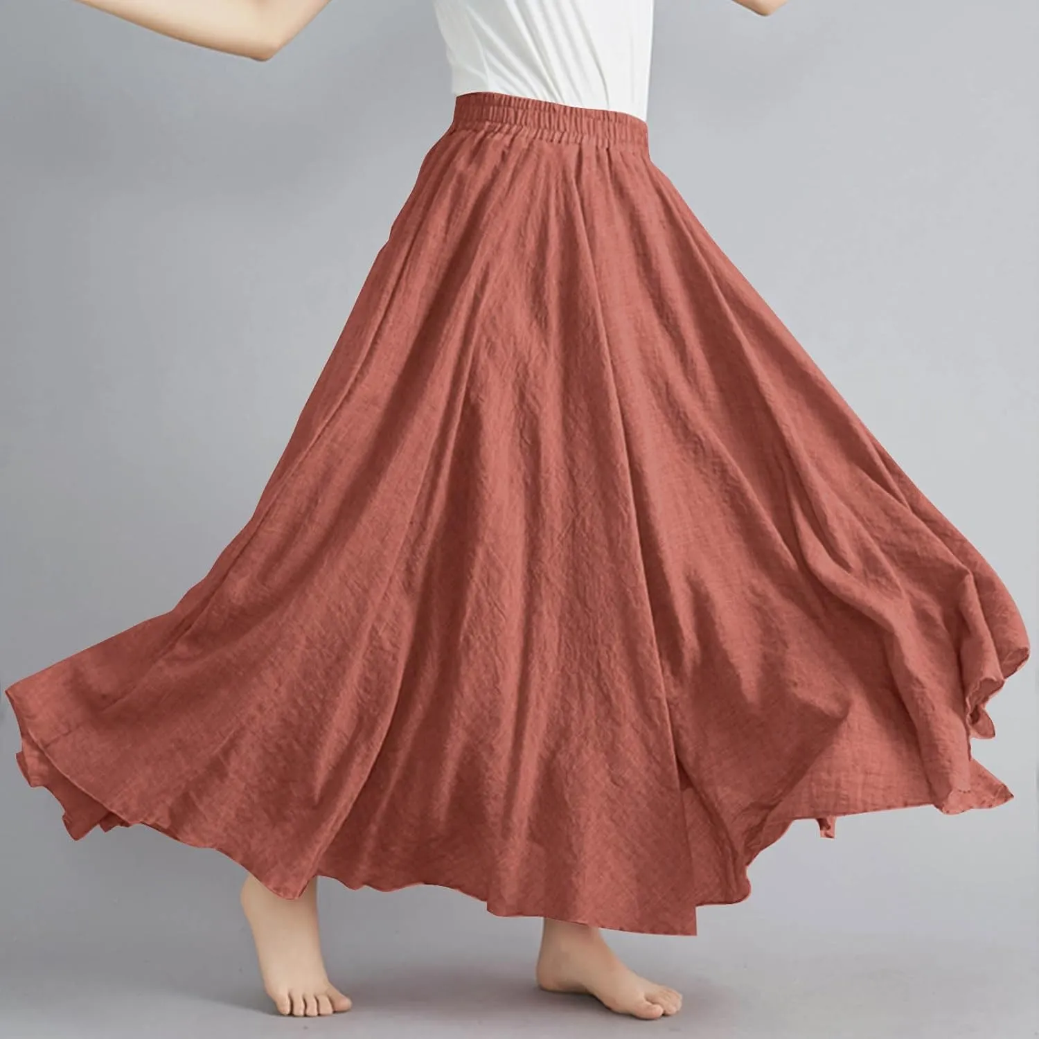 Boho Skirts for Women Pleated A-Line Flowy Swing Maxi Skirts Comfy Linen Long Skirt Casual Elastic Waist Skirt