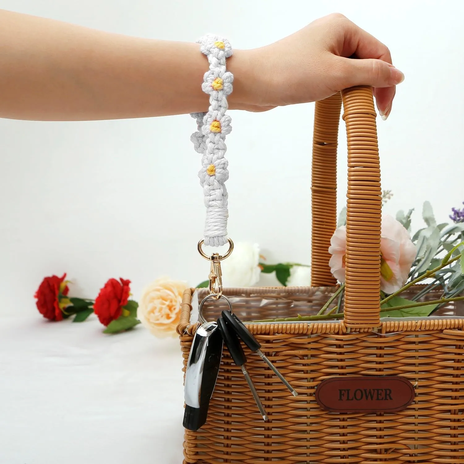 Boho Wristlet Keychain Wrist Lanyard for Key Compatible with Airtag Case Keychain Macrame Keychain for Women