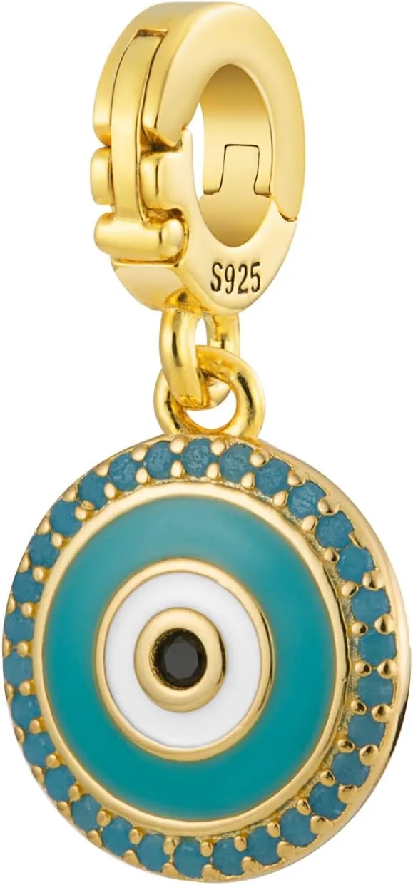 Bolenvi Evil Eye with Real Turquoise Stones Dangle Pendant, Omni Clasp Clip on 925 Sterling Silver Charms, Compatible with Pandora & Similar Charm Bracelets, Necklaces & DIY Jewelry