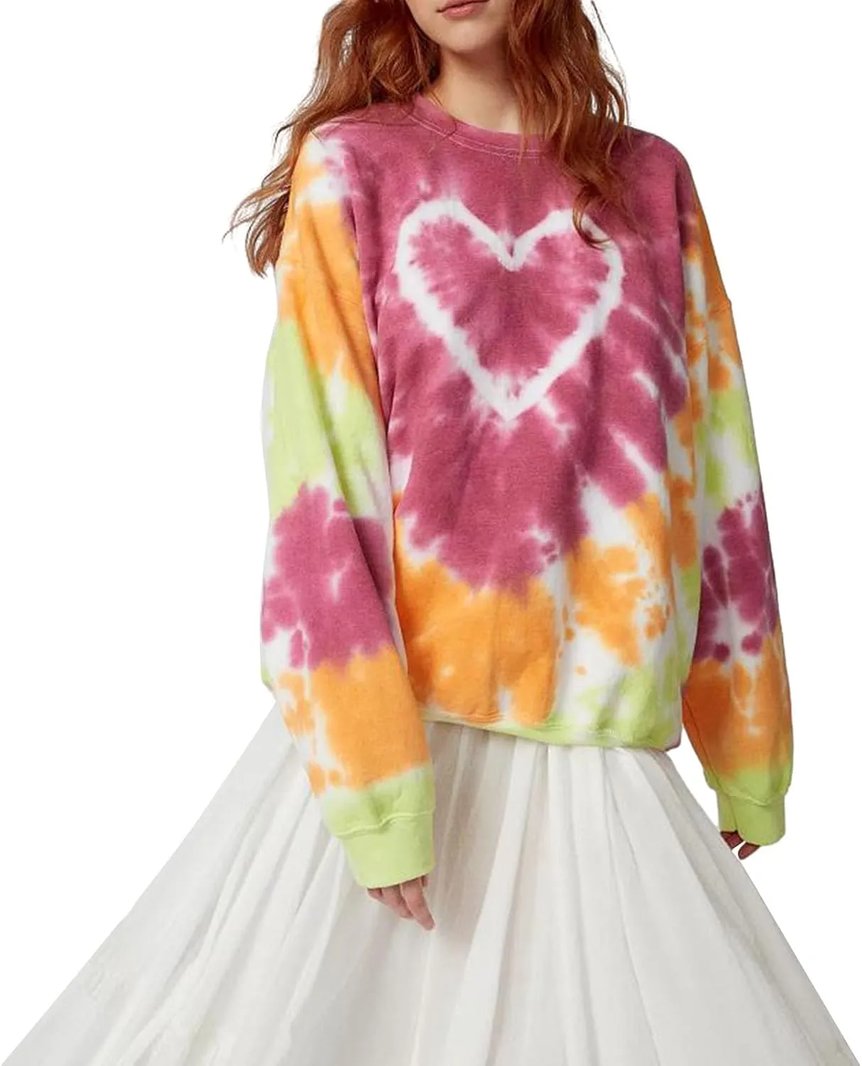 Bowanadacles Women's Heart Tie-dye Print Oversized Sweatshirt Long Sleeve Crewneck Pullover tops Valentine's Day Clothes