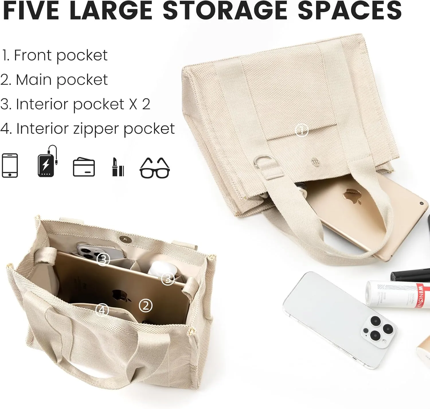Canvas Tote Bag for Women with Pockets Bag