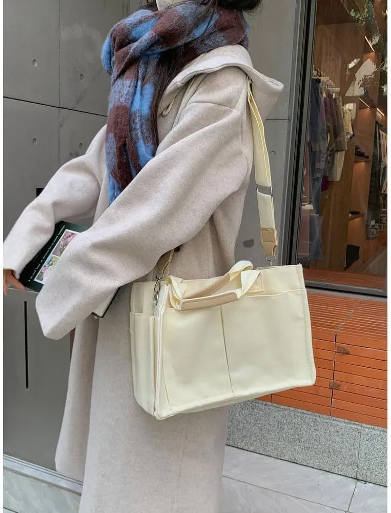 Canvas Tote Bags for Women - Large Shoulder Handbags with Multi-pockets, Satchel Purse for Casual Travel & Work