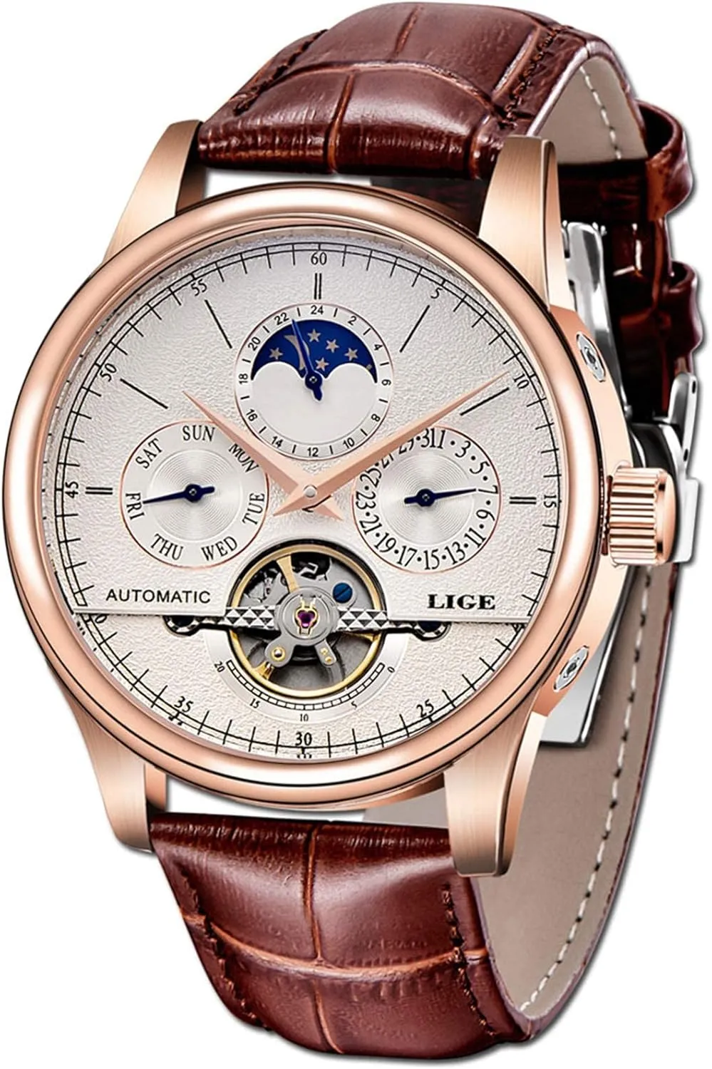 carlien Moon Phase Automatic Watch Men Chronograph Tourbillon Skeleton Mechanical Multifunction Watches