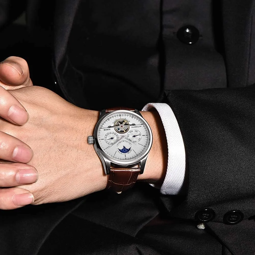 carlien Moon Phase Automatic Watch Men Chronograph Tourbillon Skeleton Mechanical Multifunction Watches