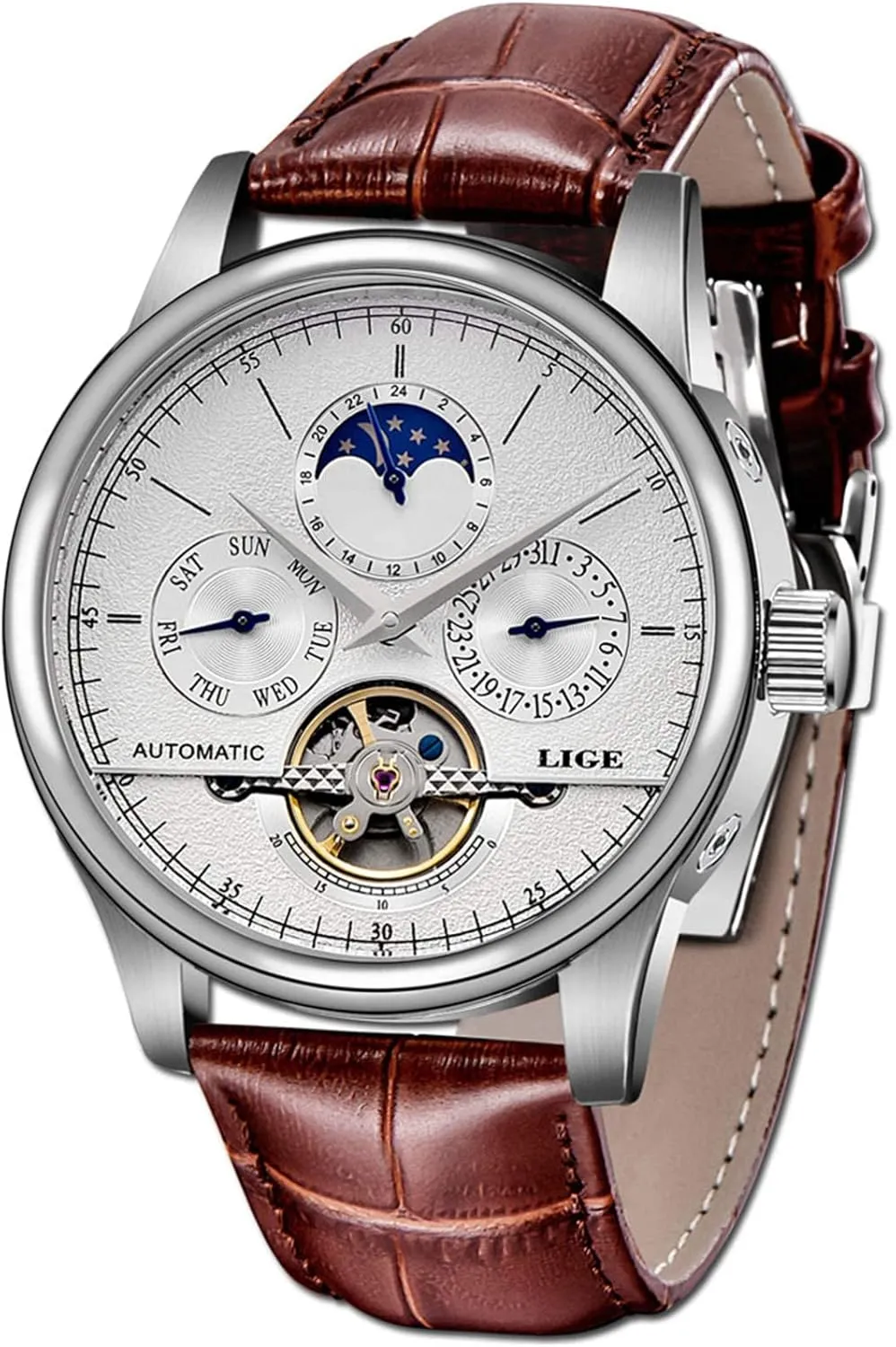 carlien Moon Phase Automatic Watch Men Chronograph Tourbillon Skeleton Mechanical Multifunction Watches