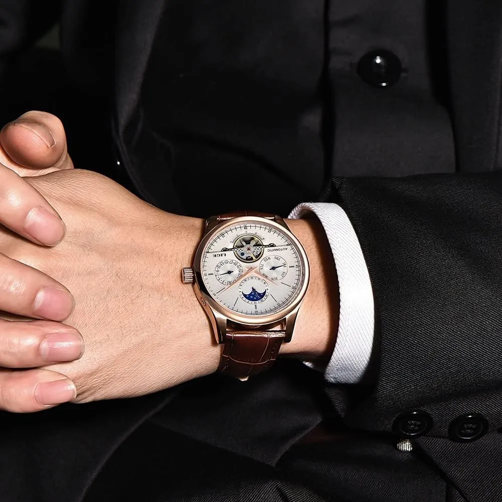 carlien Moon Phase Automatic Watch Men Chronograph Tourbillon Skeleton Mechanical Multifunction Watches