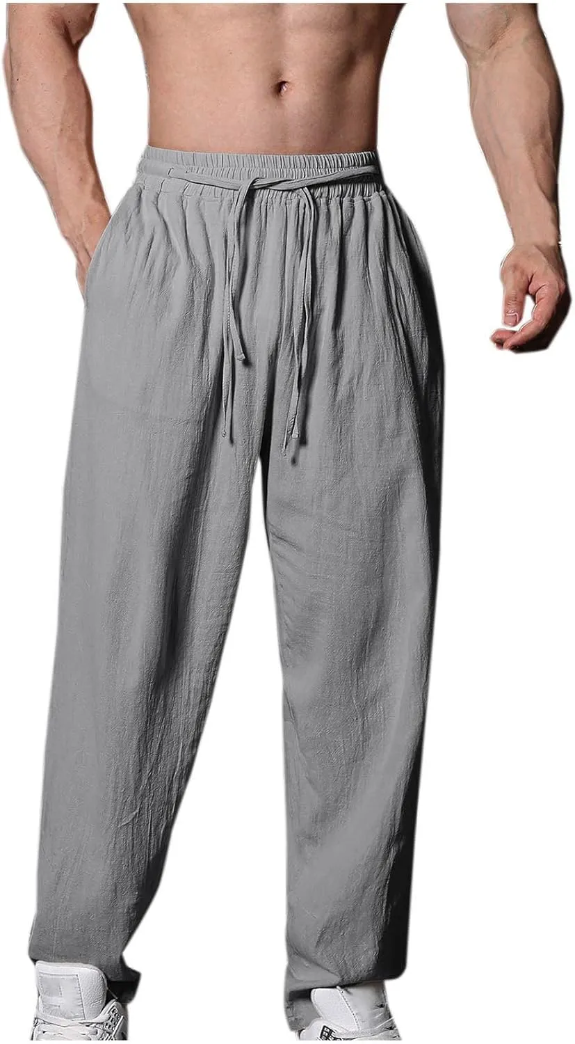 Casual Pants for Men Basic Drawstring Elastic Waist Trousers Fashion Lounge Summer Workout Lightweight Linen Clothes