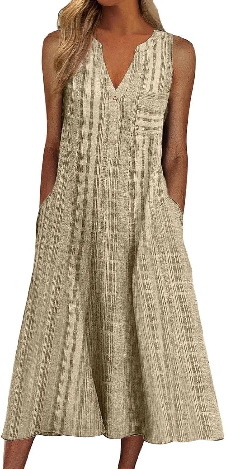 Casual Summer Dresses for Women Stripe Button V Neck Sleeveless with Pocket Long Dresses Holiday Beach Party Midi Dress