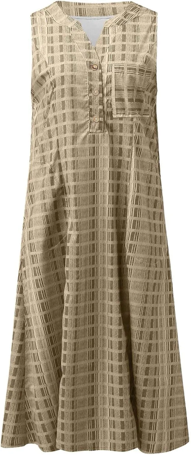 Casual Summer Dresses for Women Stripe Button V Neck Sleeveless with Pocket Long Dresses Holiday Beach Party Midi Dress