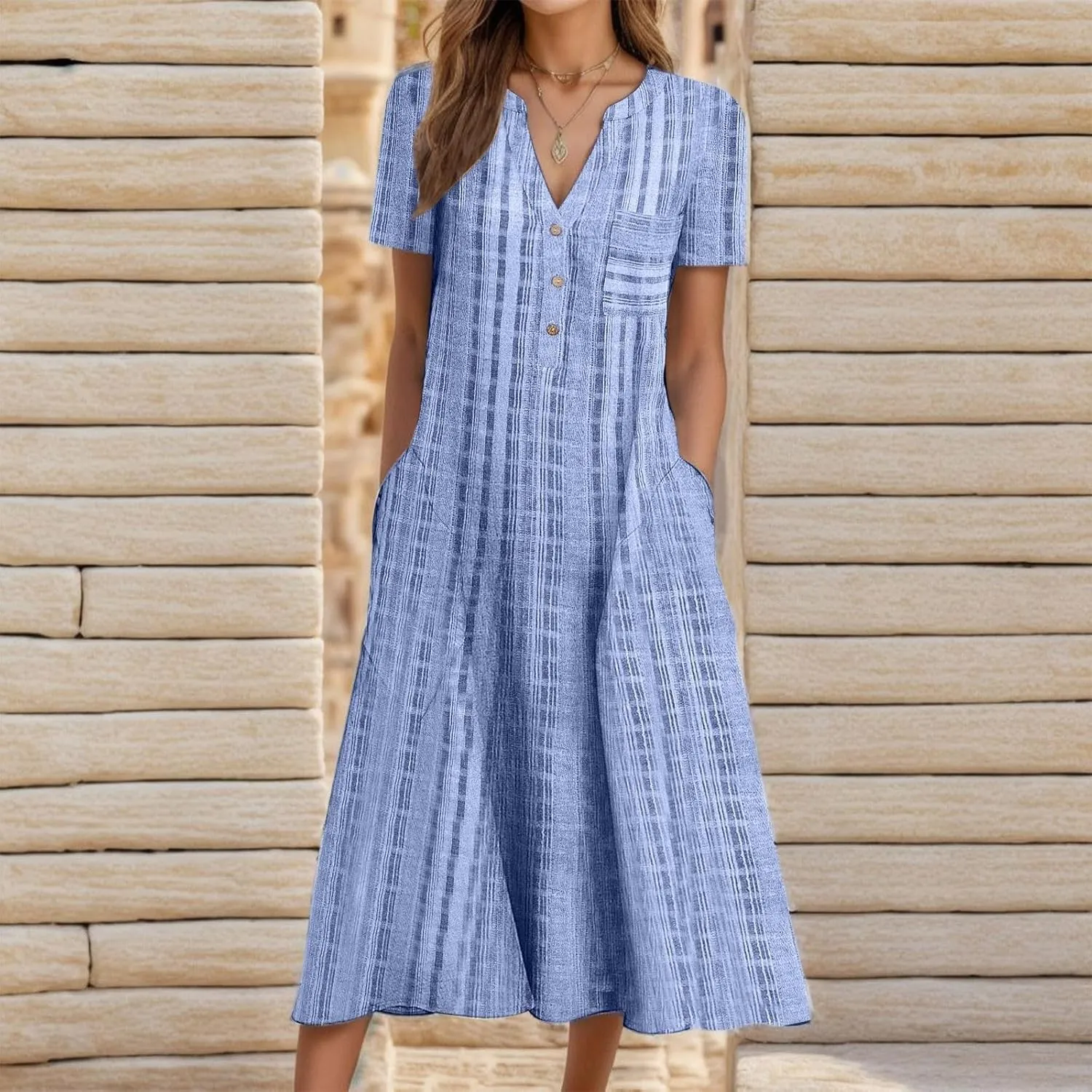 Casual Summer Dresses for Women Stripe Button V Neck Sleeveless with Pocket Long Dresses Holiday Beach Party Midi Dress