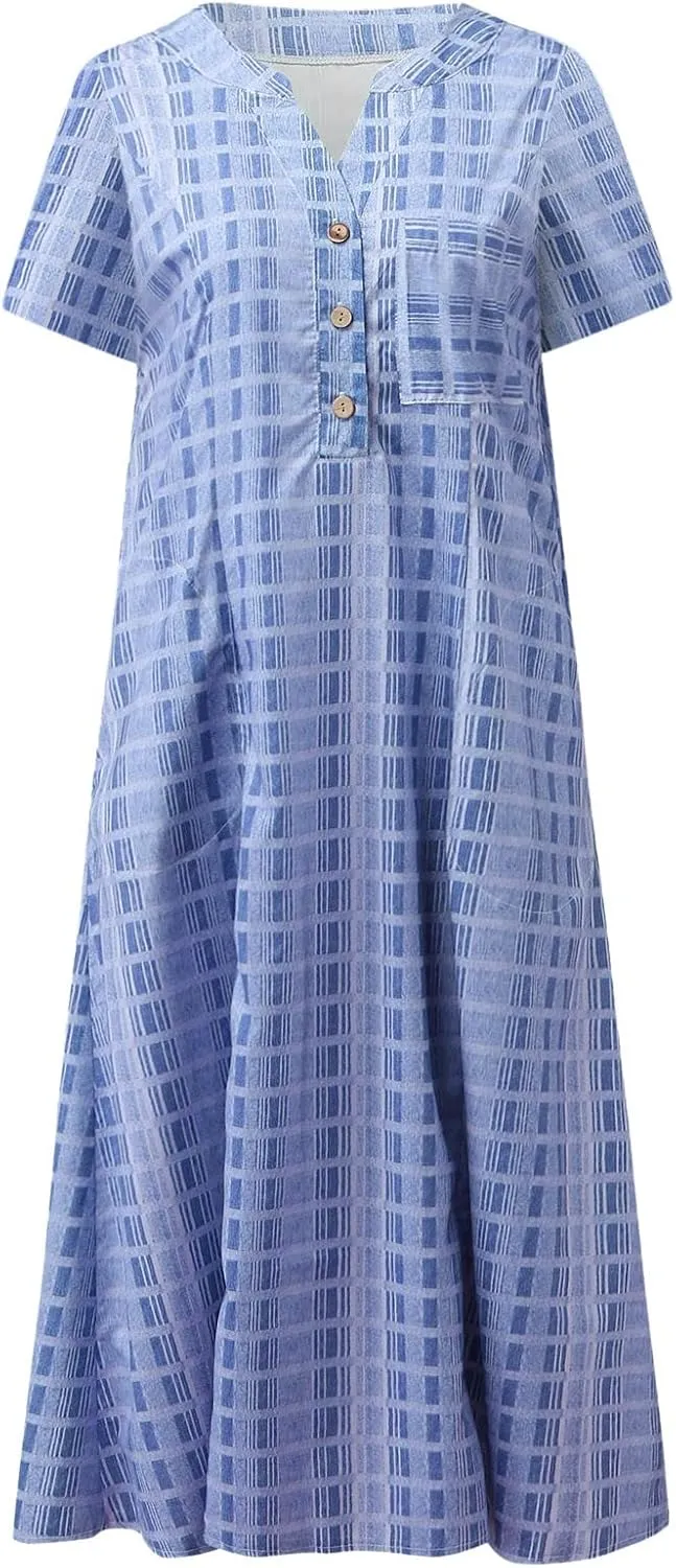 Casual Summer Dresses for Women Stripe Button V Neck Sleeveless with Pocket Long Dresses Holiday Beach Party Midi Dress