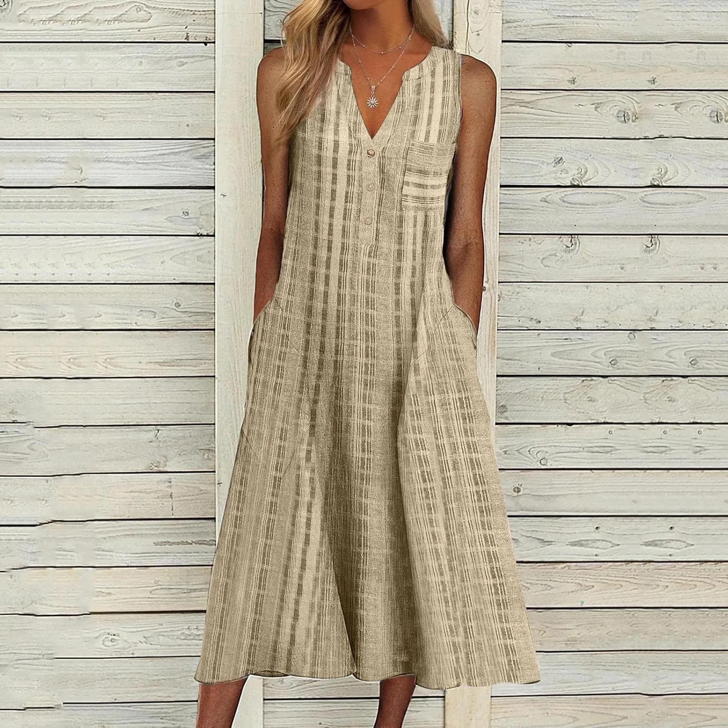 Casual Summer Dresses for Women Stripe Button V Neck Sleeveless with Pocket Long Dresses Holiday Beach Party Midi Dress