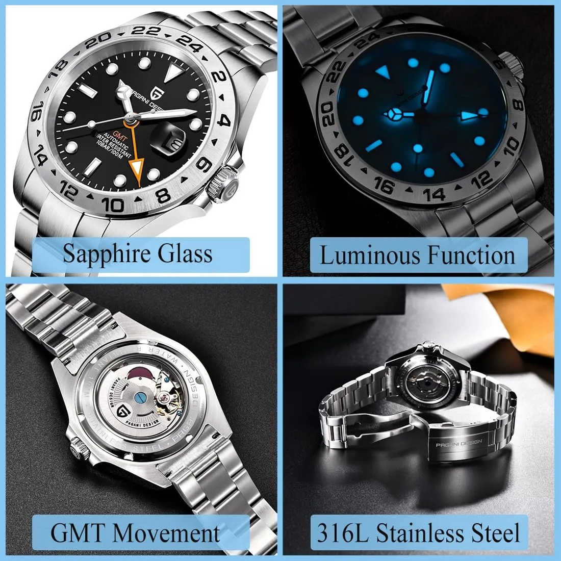 CEYADG Pagani Design Watches for Men Automatic Mechanical GMT Watch Analog Sapphire Glass Stainless Steel Sport Waterproof Luminous Men's Wrist Watches