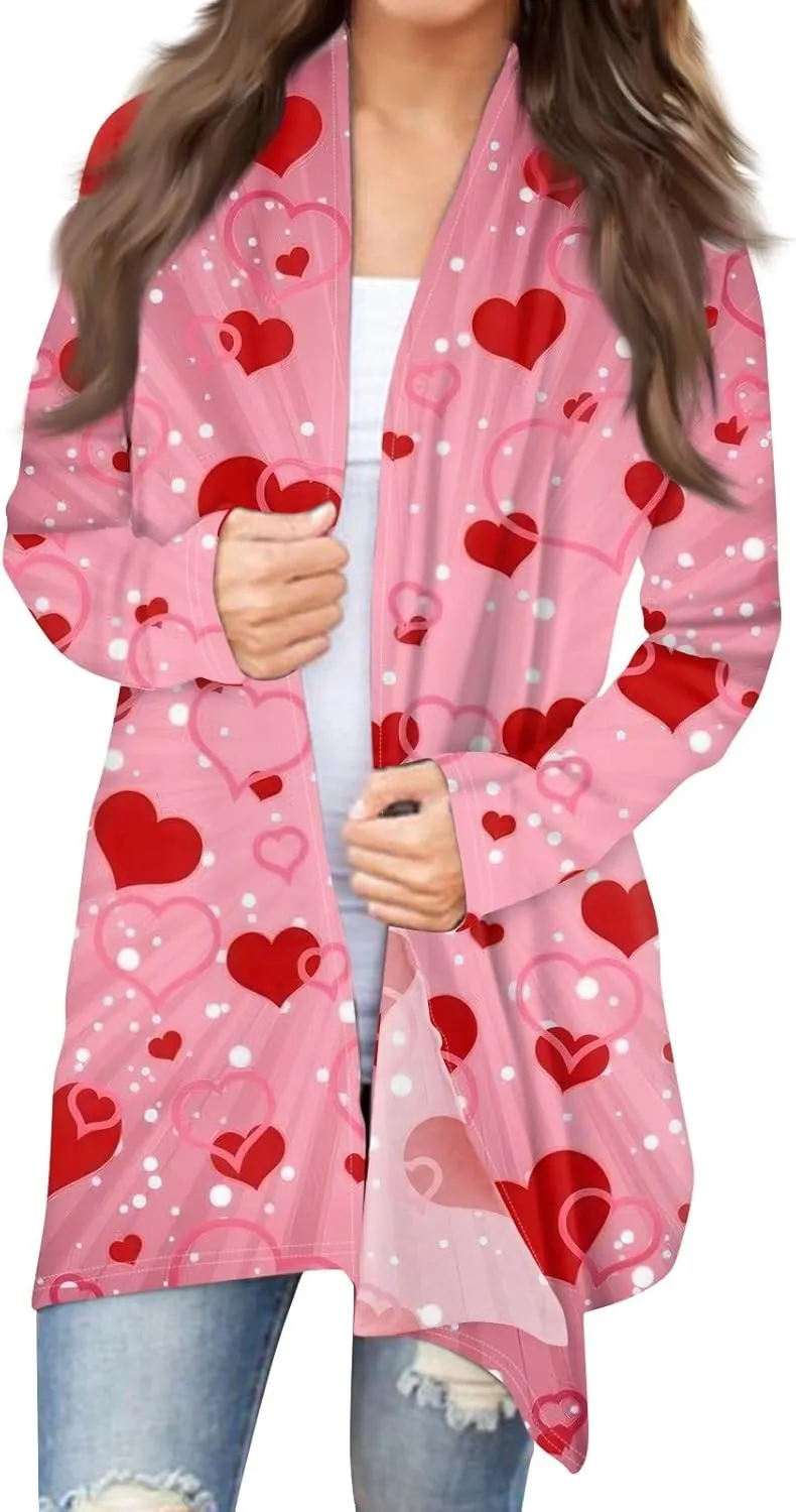 ChicCrate Women's Fashion Casual Open Front Long Sleeve Heart Print Cardigans Valentines Outerwear