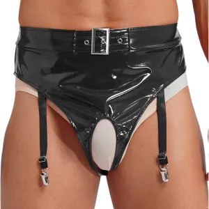 CHICTRY Mens Patent Leather Briefs Underwear with Garter Clips High Waist Open Crotch Lingerie Clubwear