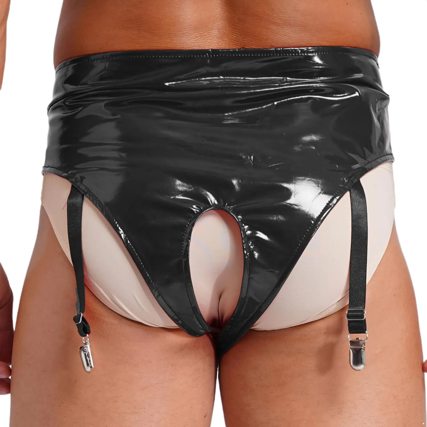 CHICTRY Mens Patent Leather Briefs Underwear with Garter Clips High Waist Open Crotch Lingerie Clubwear