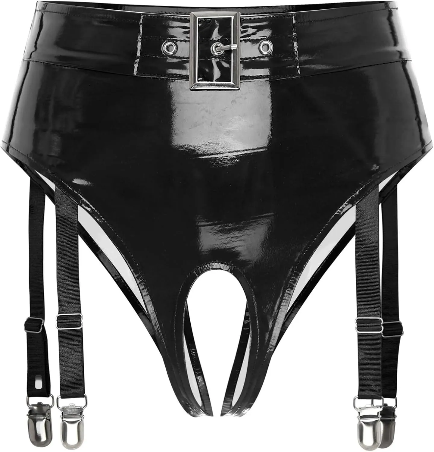 CHICTRY Mens Patent Leather Briefs Underwear with Garter Clips High Waist Open Crotch Lingerie Clubwear