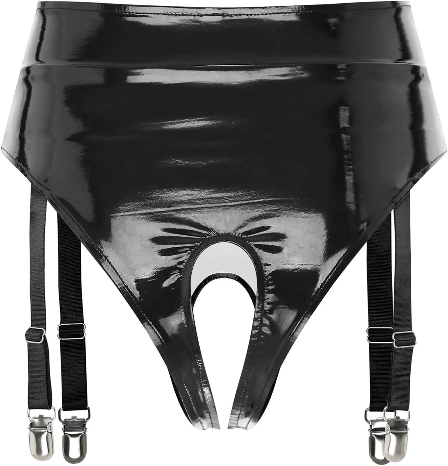 CHICTRY Mens Patent Leather Briefs Underwear with Garter Clips High Waist Open Crotch Lingerie Clubwear