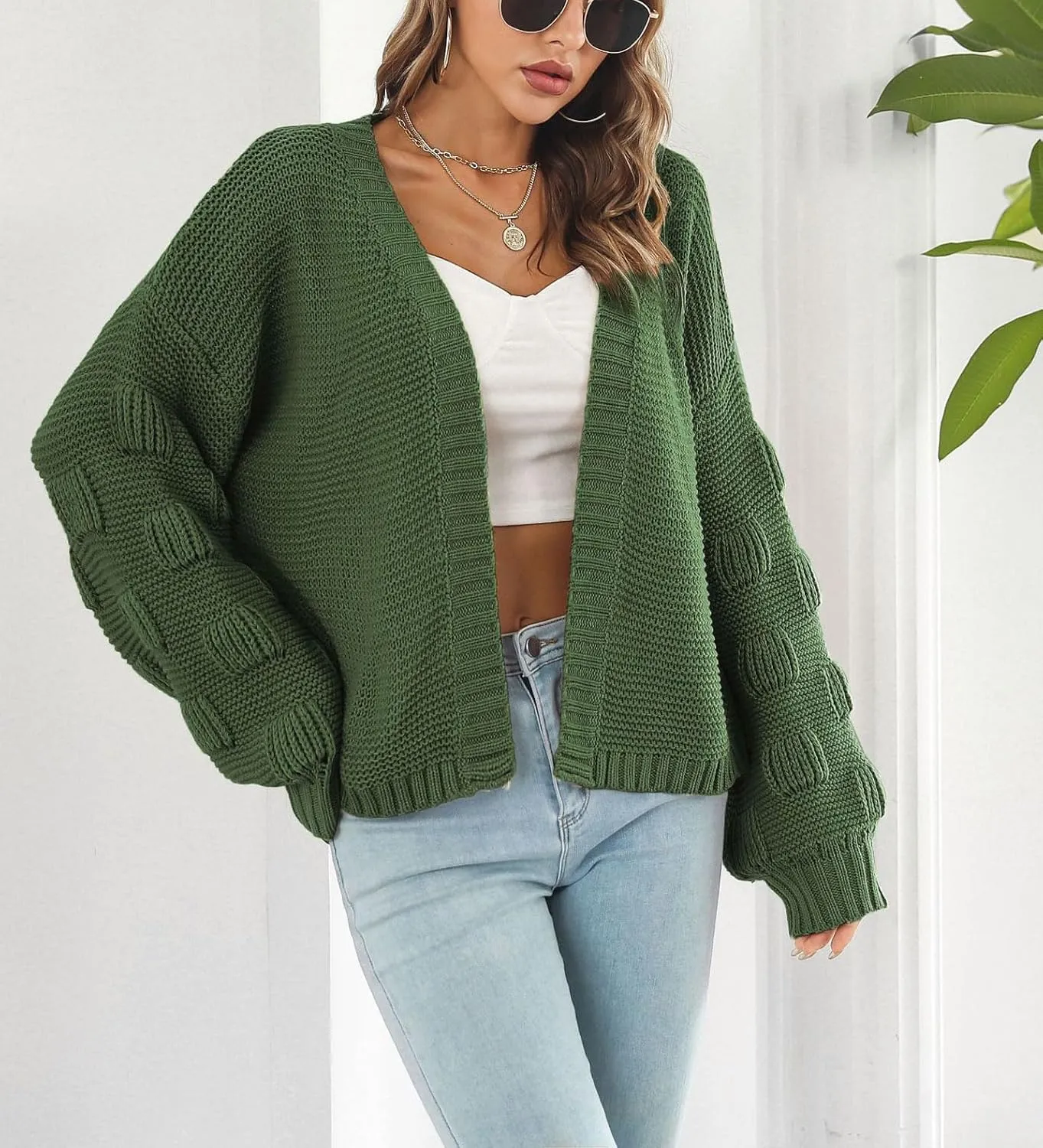chouyatou Women's Fall Oversized Cardigan Sweater Bishop Sleeve Open Front Chunky Knit Cardigans
