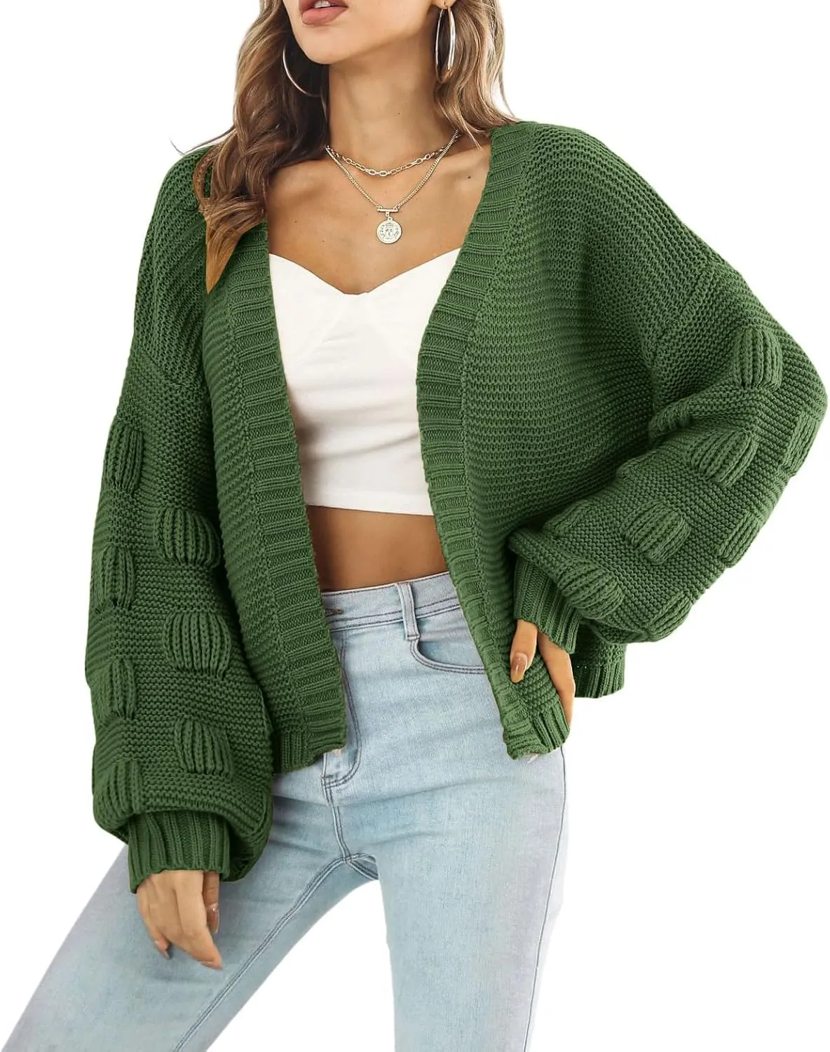 chouyatou Women's Fall Oversized Cardigan Sweater Bishop Sleeve Open Front Chunky Knit Cardigans