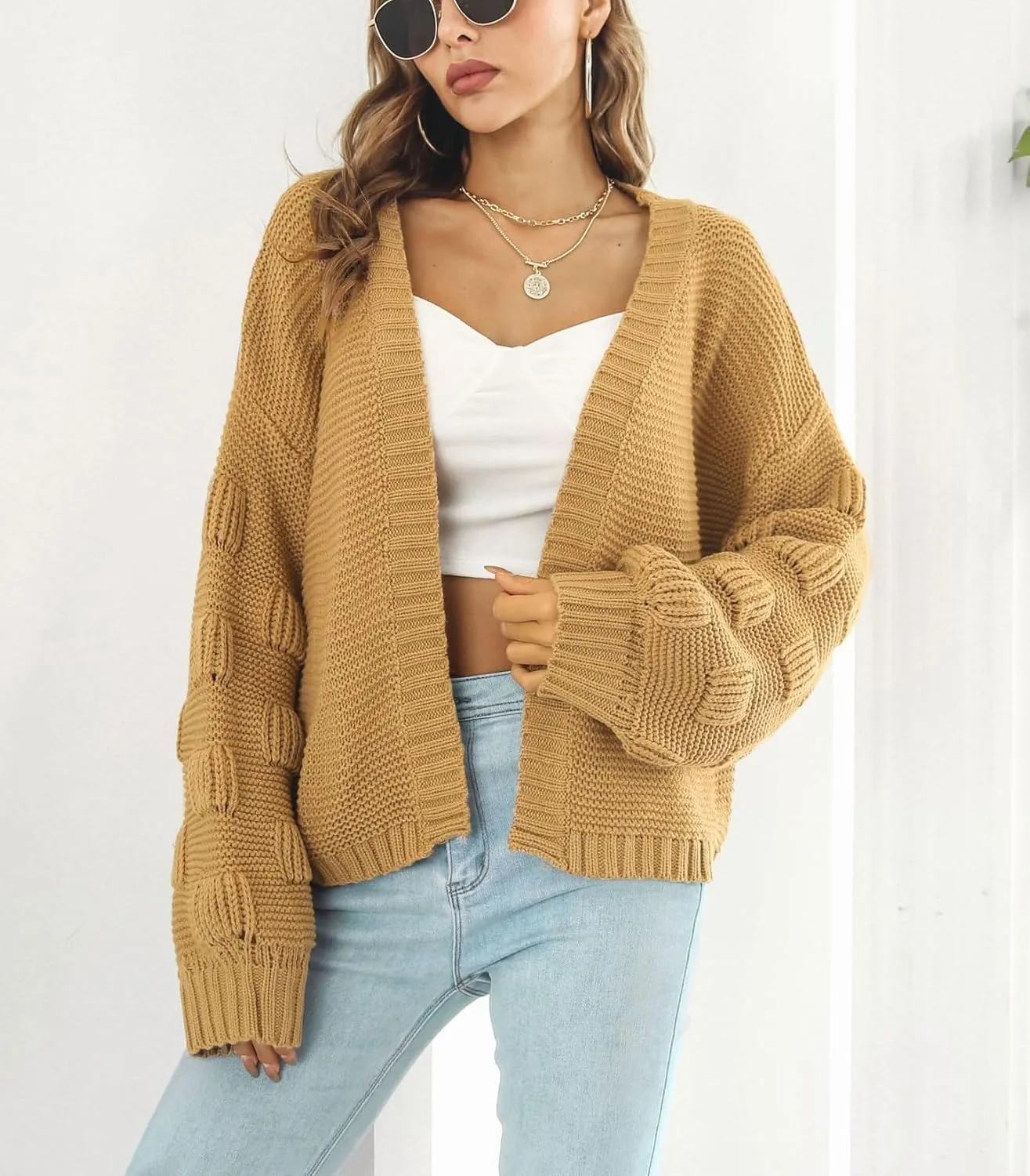 chouyatou Women's Fall Oversized Cardigan Sweater Bishop Sleeve Open Front Chunky Knit Cardigans