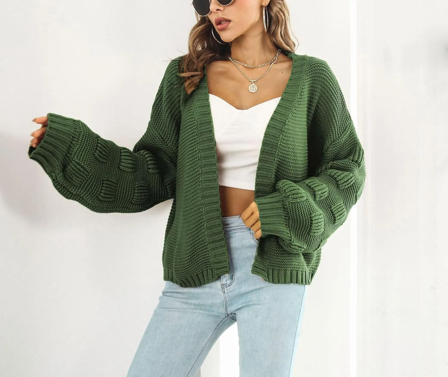 chouyatou Women's Fall Oversized Cardigan Sweater Bishop Sleeve Open Front Chunky Knit Cardigans