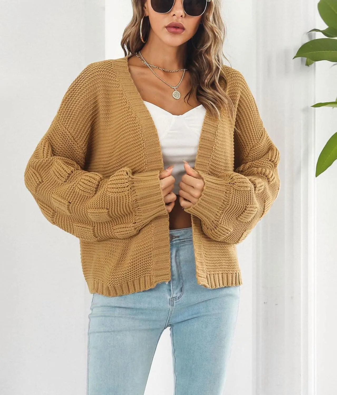 chouyatou Women's Fall Oversized Cardigan Sweater Bishop Sleeve Open Front Chunky Knit Cardigans
