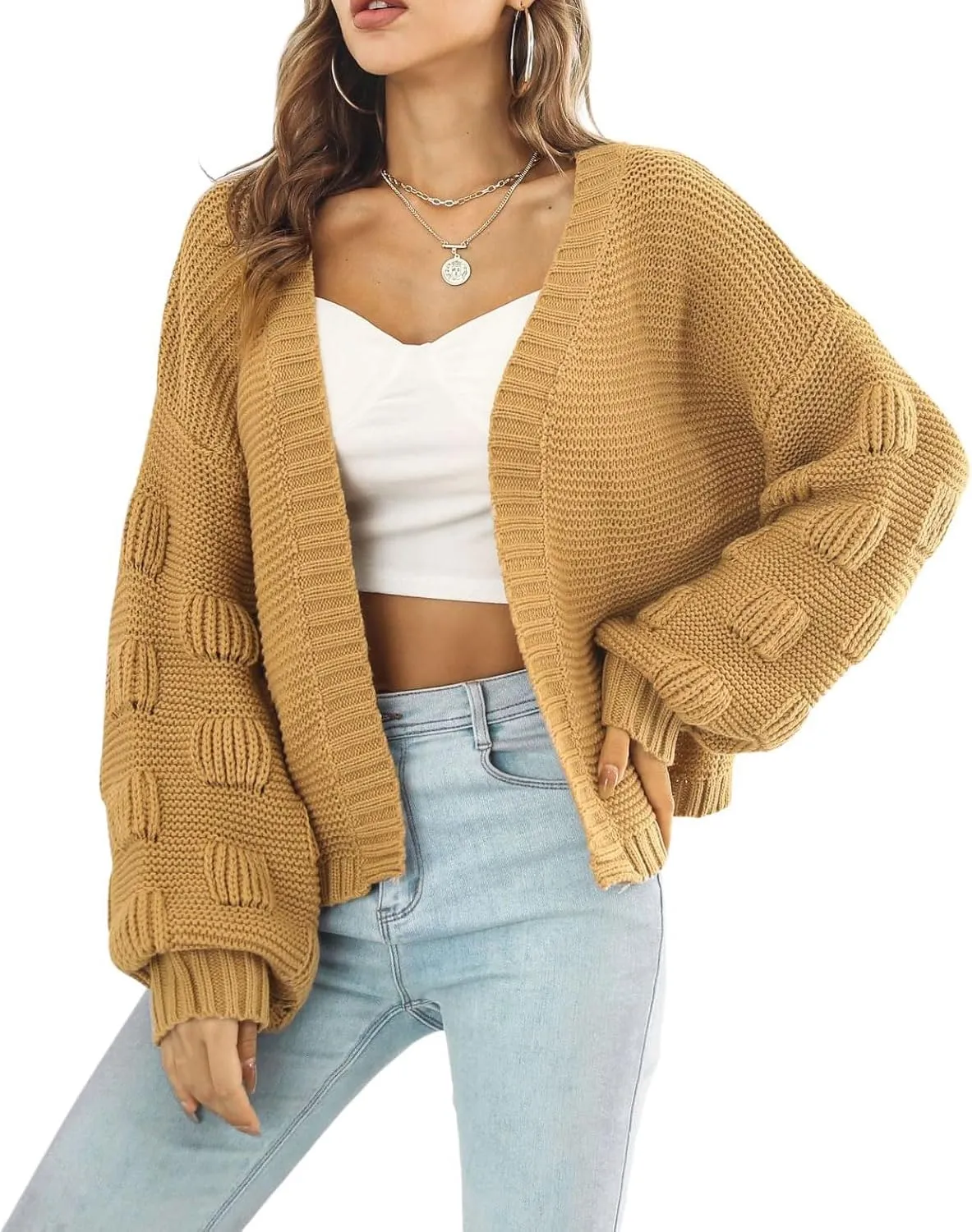 chouyatou Women's Fall Oversized Cardigan Sweater Bishop Sleeve Open Front Chunky Knit Cardigans