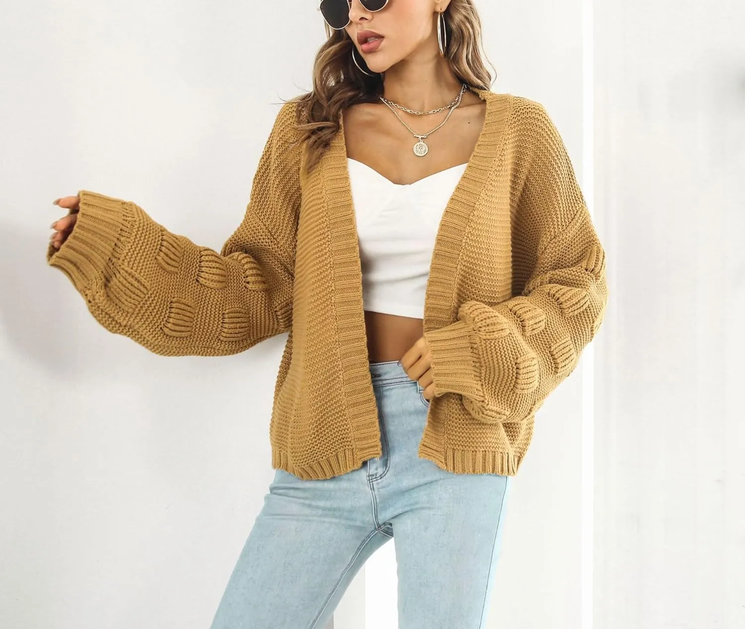 chouyatou Women's Fall Oversized Cardigan Sweater Bishop Sleeve Open Front Chunky Knit Cardigans