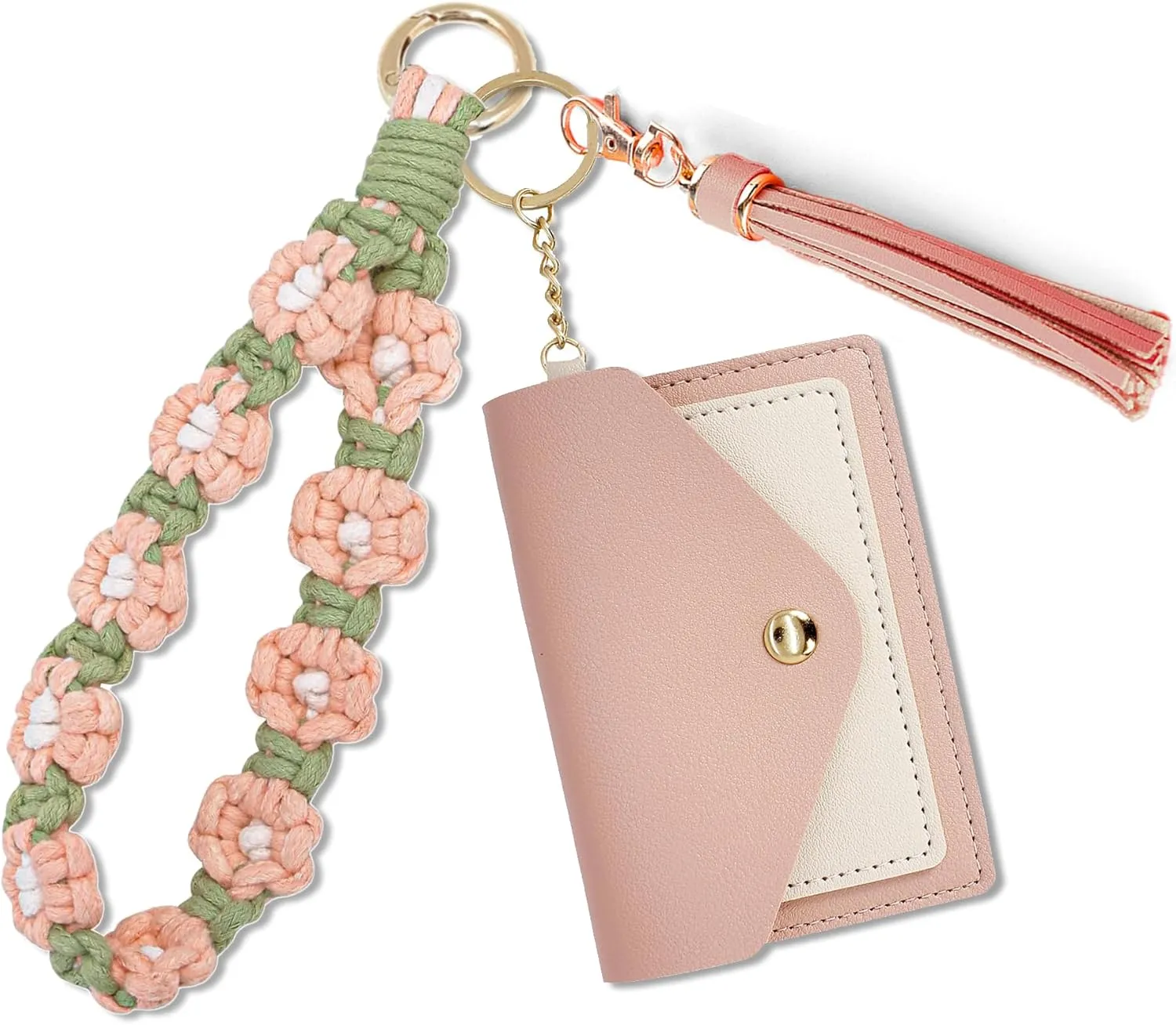 CHRIS GOOD Boho Wristlet Keychain Wallet Lipstick Holder Handmade Wristband Bracelet (Peach White)