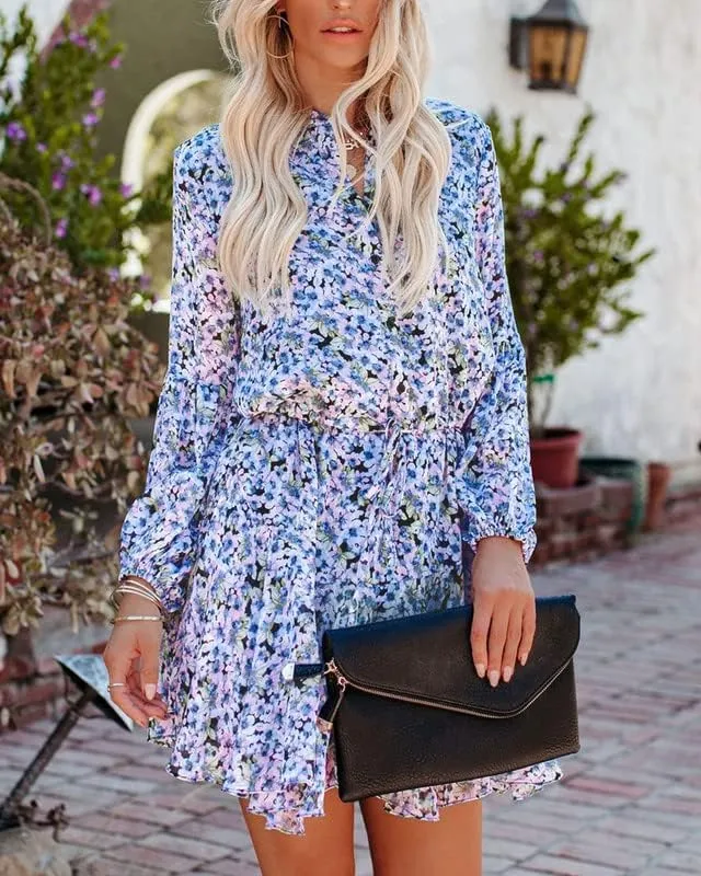 Clarisbelle Women's Long Sleeves Button up Tie Waist Floral Chiffon Dress