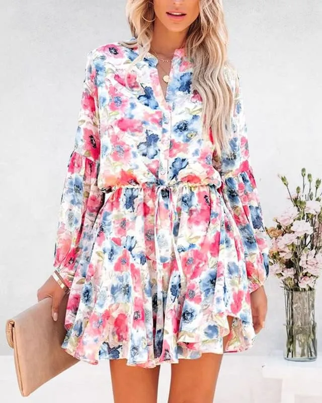 Clarisbelle Women's Long Sleeves Button up Tie Waist Floral Chiffon Dress