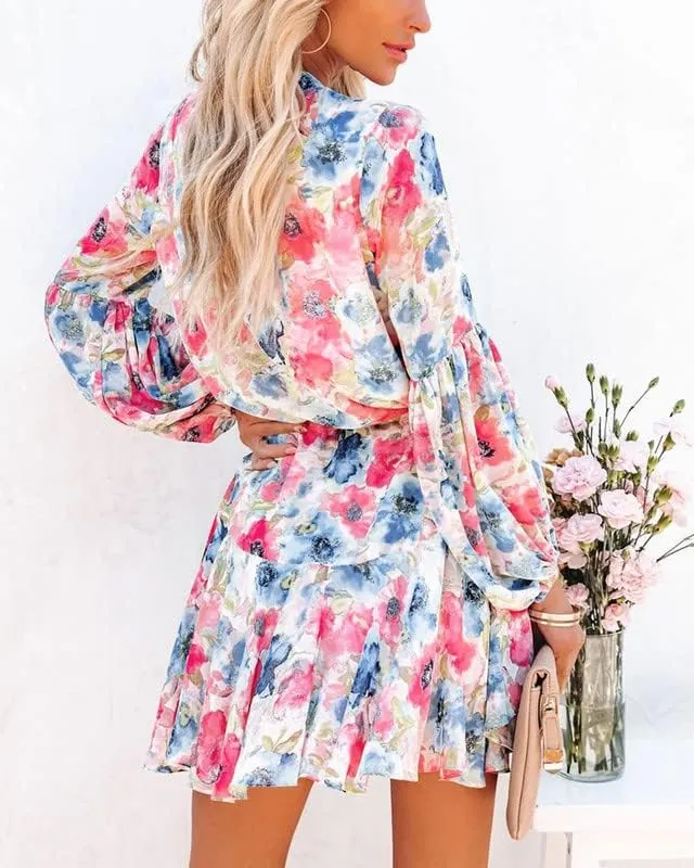 Clarisbelle Women's Long Sleeves Button up Tie Waist Floral Chiffon Dress