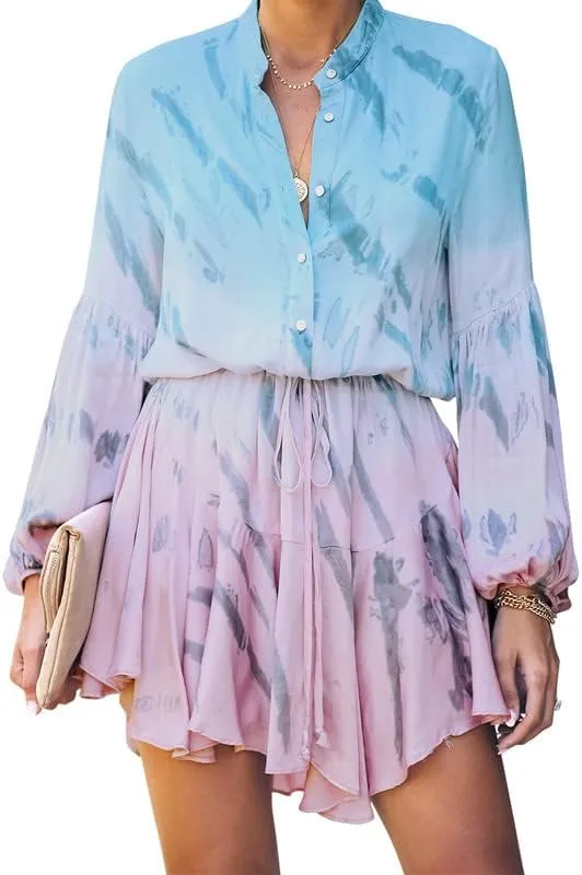 Clarisbelle Women's Long Sleeves Button up Tie Waist Floral Chiffon Dress