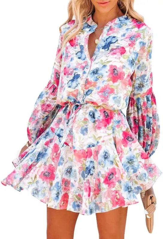 Clarisbelle Women's Long Sleeves Button up Tie Waist Floral Chiffon Dress