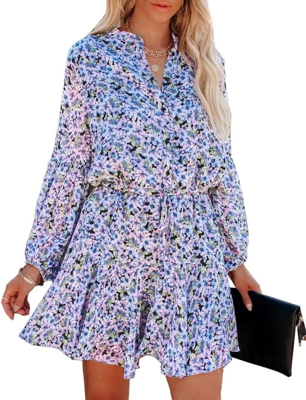 Clarisbelle Women's Long Sleeves Button up Tie Waist Floral Chiffon Dress
