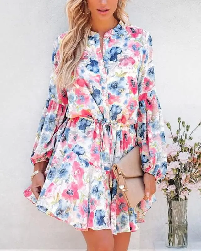 Clarisbelle Women's Long Sleeves Button up Tie Waist Floral Chiffon Dress