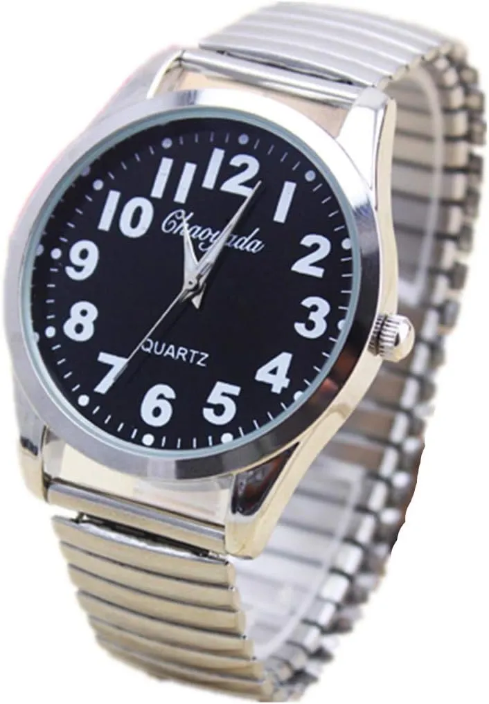 Classic Mens Easy Reader Big Dial Number Sliver Stainless Steel Expansion Strap Bracelet Elastic Wristwatches (Dial 40 Black)