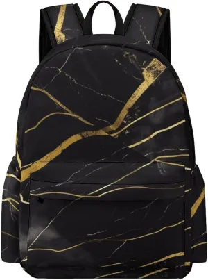Classical Travel Backpack,Black And Gold Marble Texture Print Personal Item Backpack,Spacious And Durable Backpacks for Work And Travel