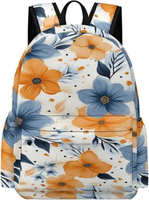 Classical Travel Backpack,Blue And Orange Flowers Print Personal Item Backpack,Spacious And Durable Backpacks for Work And Travel