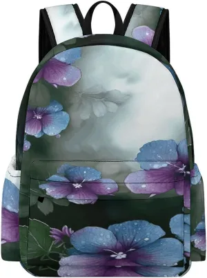 Classical Travel Backpack,Blue Purple Flowers And Leaves Print Personal Item Backpack,Spacious And Durable Backpacks for Work And Travel