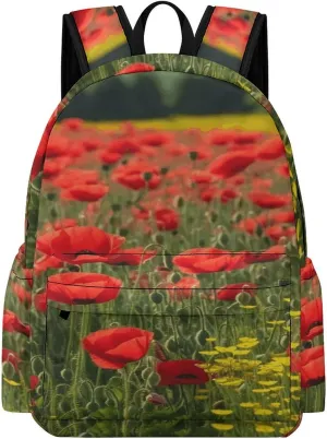 Classical Travel Backpack,Red Poppy Field Print Personal Item Backpack,Spacious And Durable Backpacks for Work And Travel